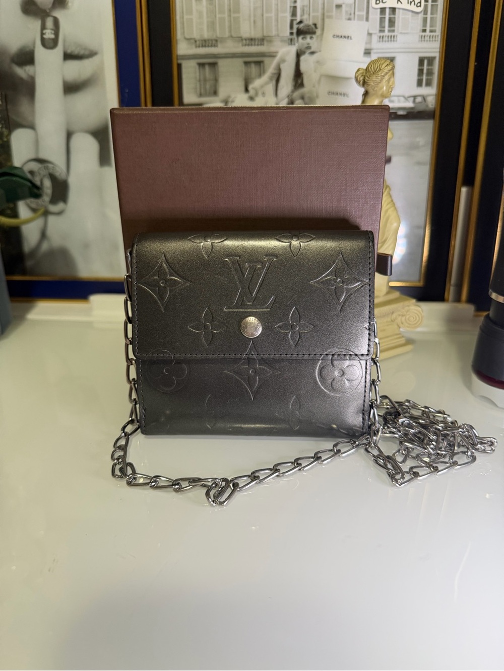 Authentic Louis Vuitton charcoal gray matte Monogram trifold wallet with Box,COA